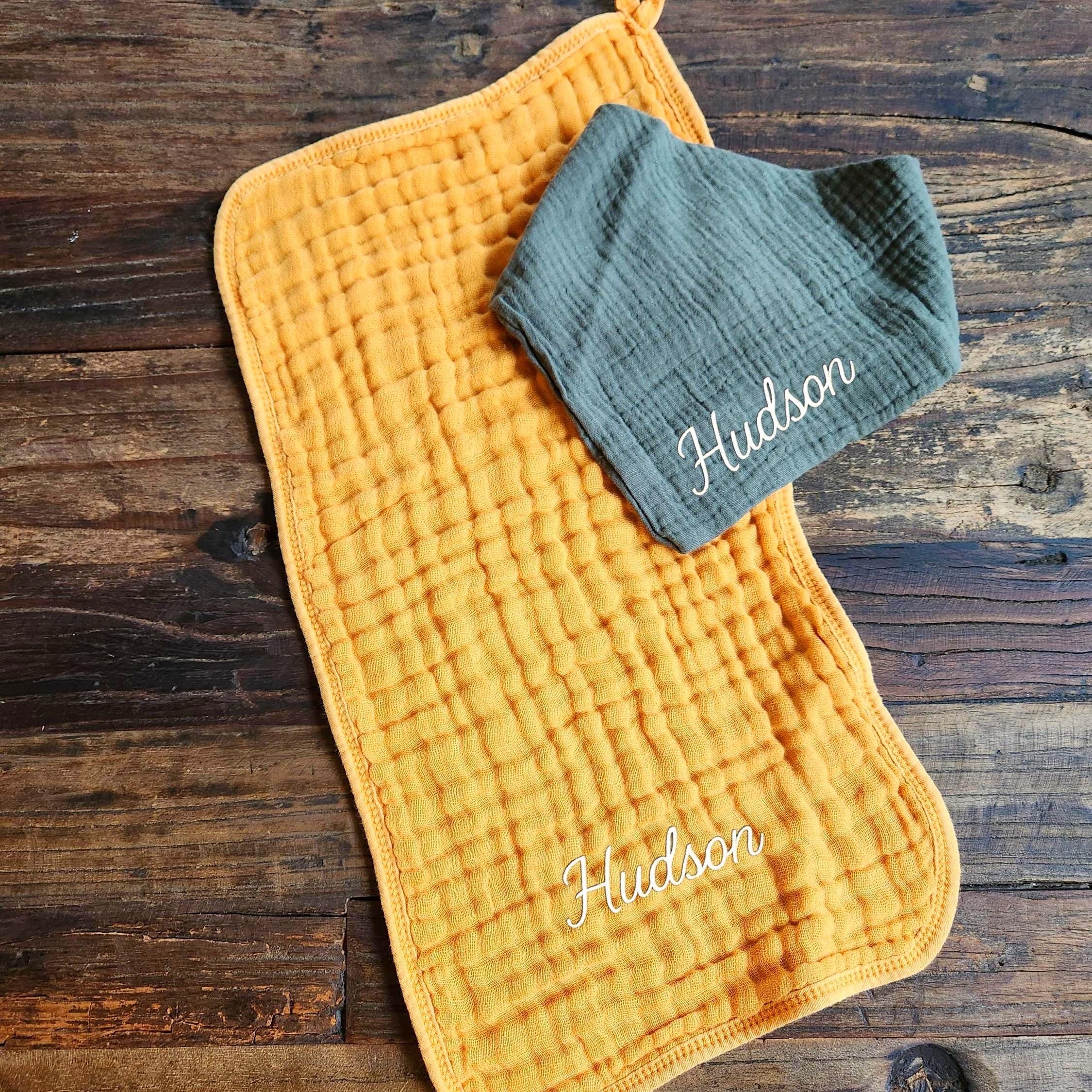 Personalized Muslin Embroidered Bandana Bib, & Burp Cloth | Custom Name or Initials