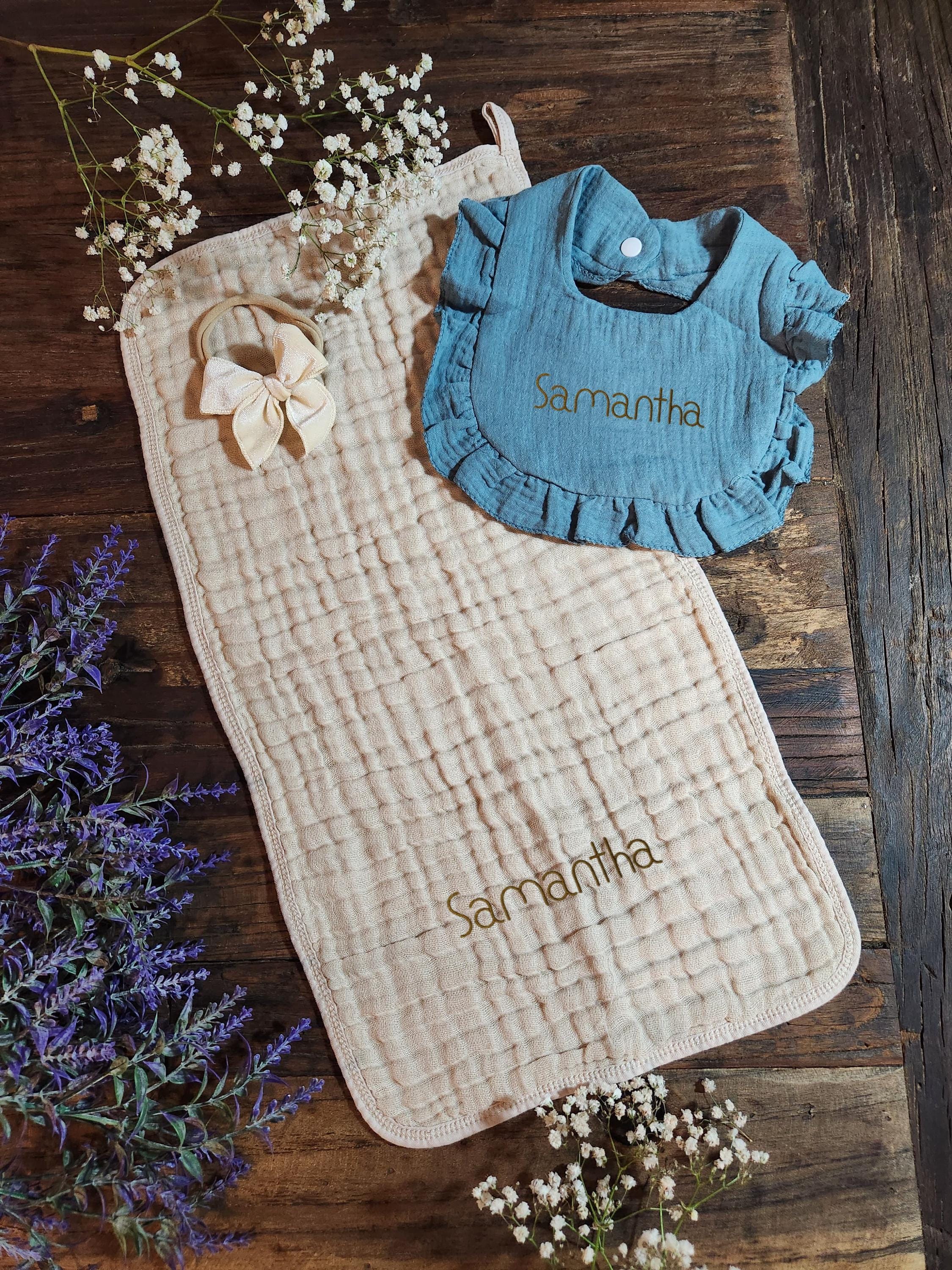 Personalized Muslin Embroidered Bib, & Burp Cloth + Velvet Bow | Custom Name or Initials