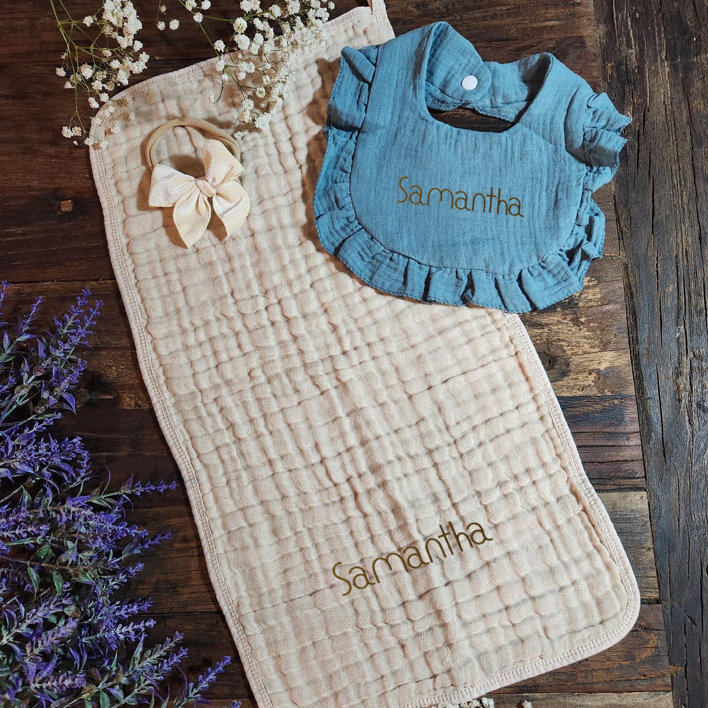 Personalized Muslin Embroidered Bib, & Burp Cloth + Velvet Bow | Custom Name or Initials