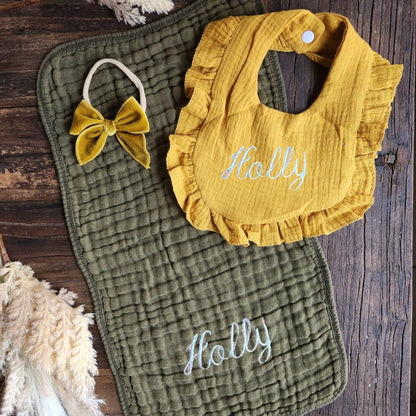 Baby Girl Muslin Bib, & Burp Cloth + Velvet Bow | Custom Name or Initials Embroidered