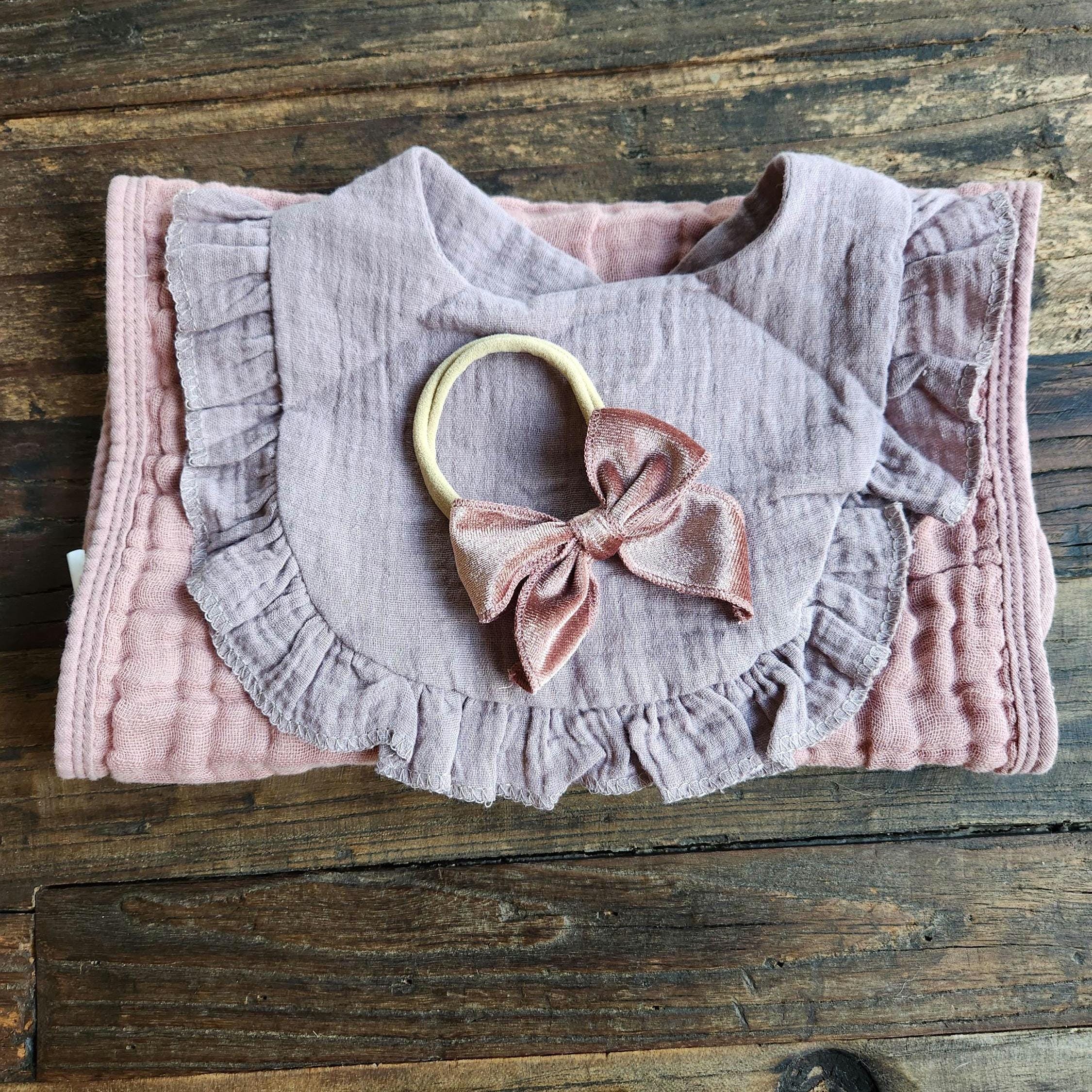 Personalized Muslin Embroidered Bib, & Burp Cloth + Velvet Bow | Custom Name or Initials