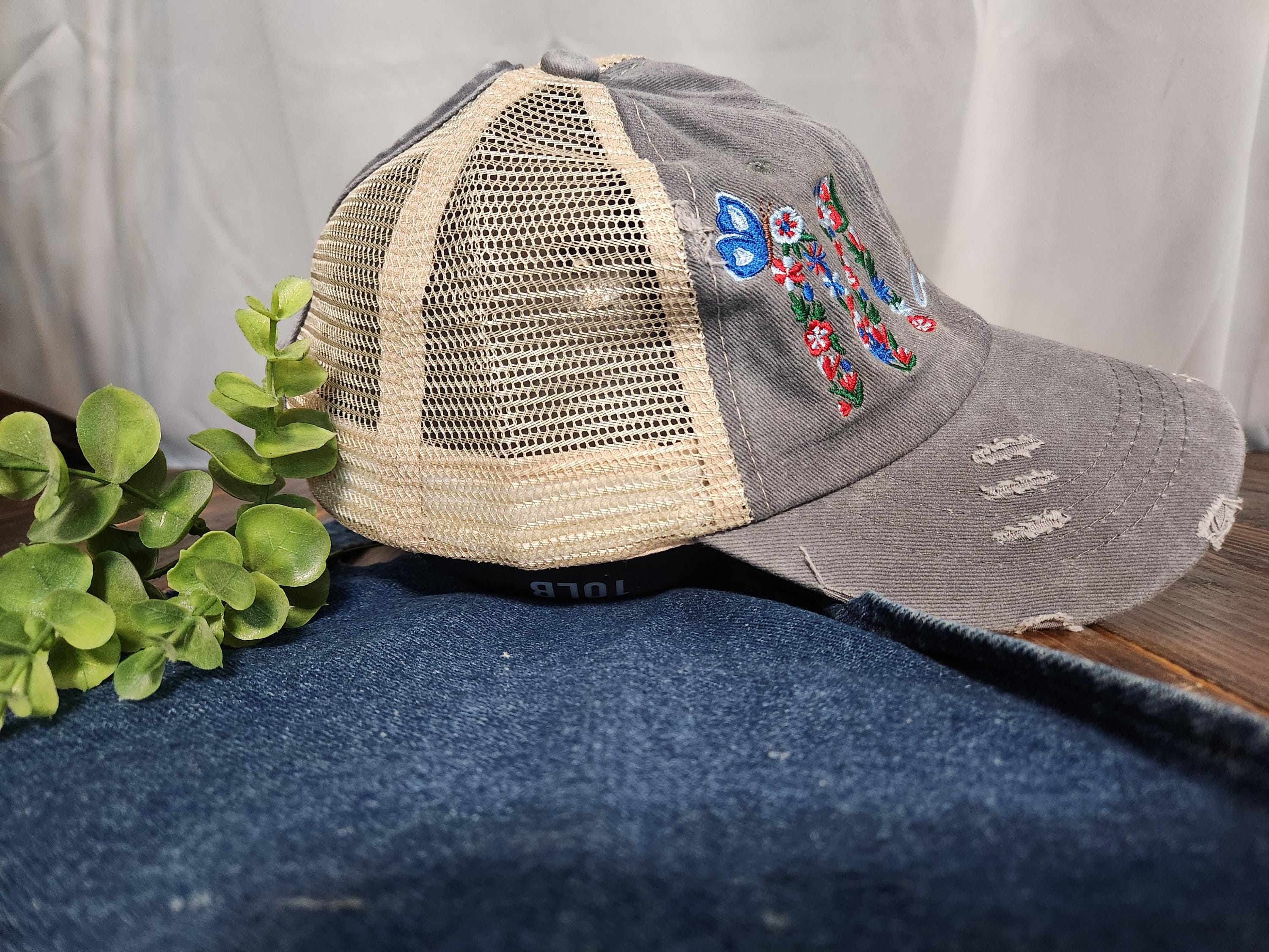 Personalized Floral Mama Hat- Embroidered Mom Hat - Women's Ponytail Hat - Cute Mom Life Hat - Gift for Her- Vintage Distressed Hat
