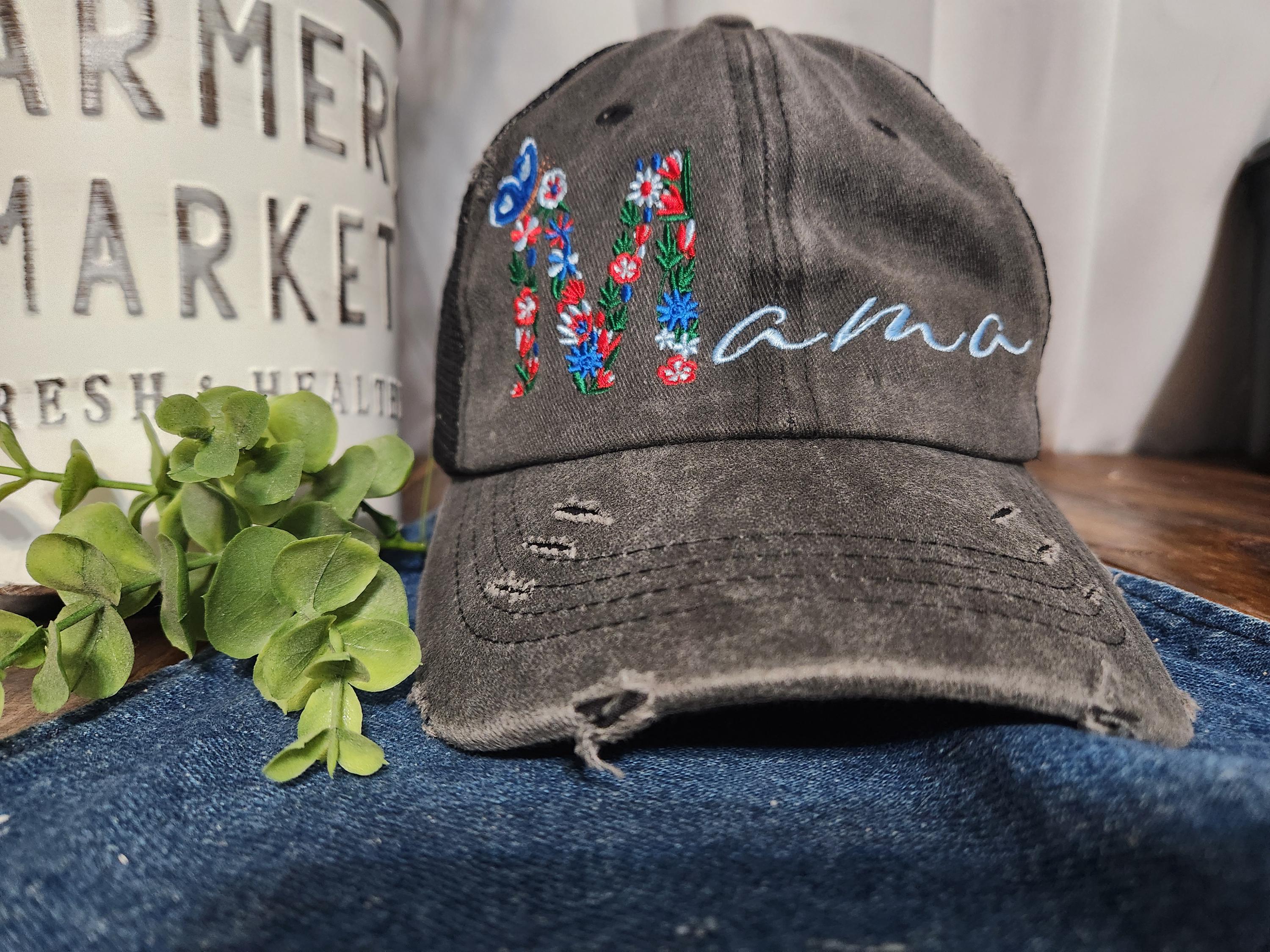 Personalized Floral Mama Hat- Embroidered Mom Hat - Women's Ponytail Hat - Cute Mom Life Hat - Gift for Her- Vintage Distressed Hat