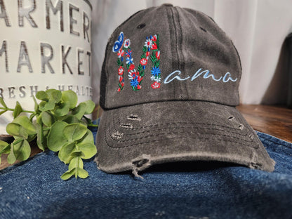 Personalized Floral Mama Hat- Embroidered Mom Hat - Women's Ponytail Hat - Cute Mom Life Hat - Gift for Her- Vintage Distressed Hat