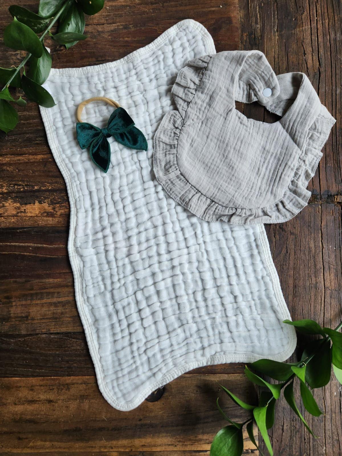 Personalized Muslin Embroidered Bib, & Burp Cloth + Velvet Bow | Custom Name or Initials