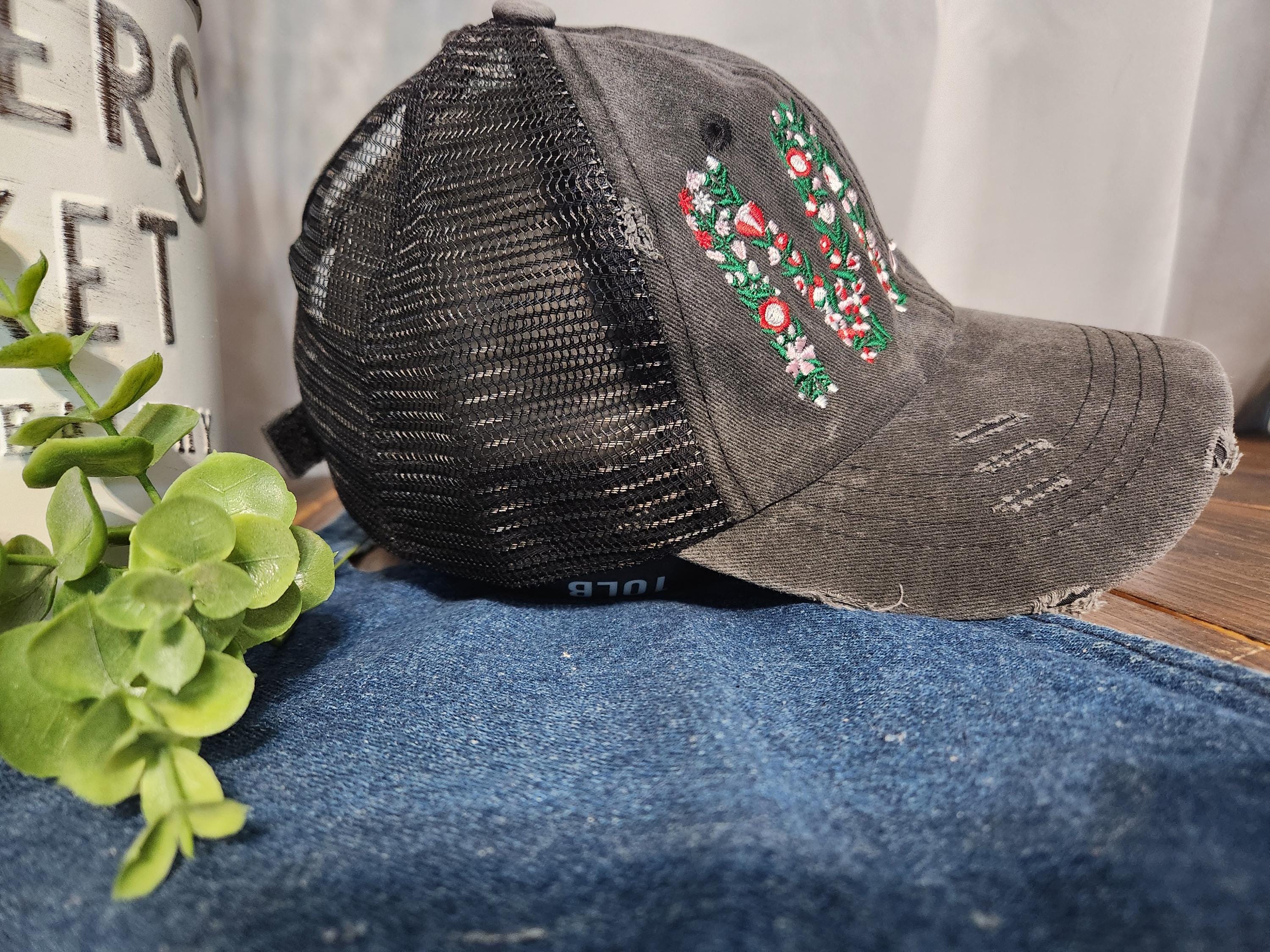 Personalized Floral Mama Hat- Embroidered Mom Hat - Women's Ponytail Hat - Cute Mom Life Hat - Gift for Her- Vintage Distressed Hat