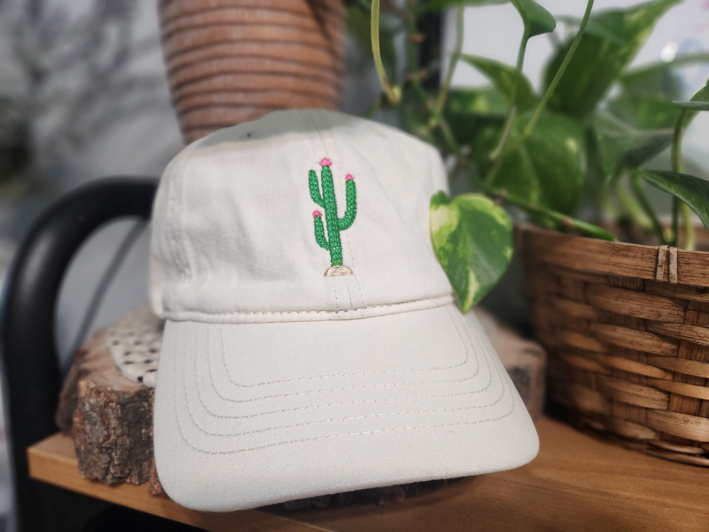 Embroidered Cactus Hat with Pink Flower-Concealed Ponytail-Under Visor Print