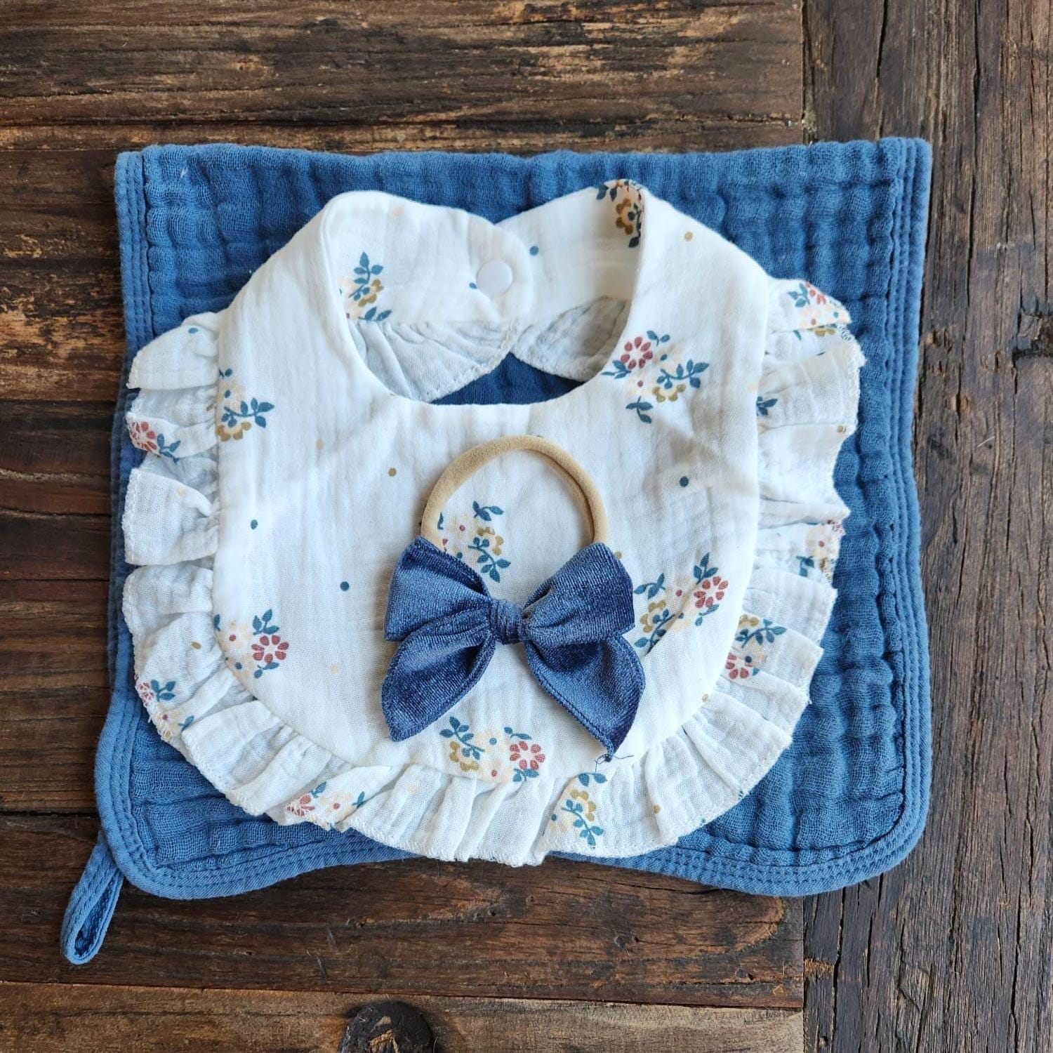 Personalized Muslin Embroidered Bib, & Burp Cloth + Velvet Bow | Custom Name or Initials