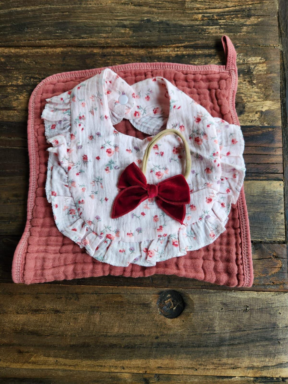 Personalized Muslin Embroidered Bib, & Burp Cloth + Velvet Bow | Custom Name or Initials