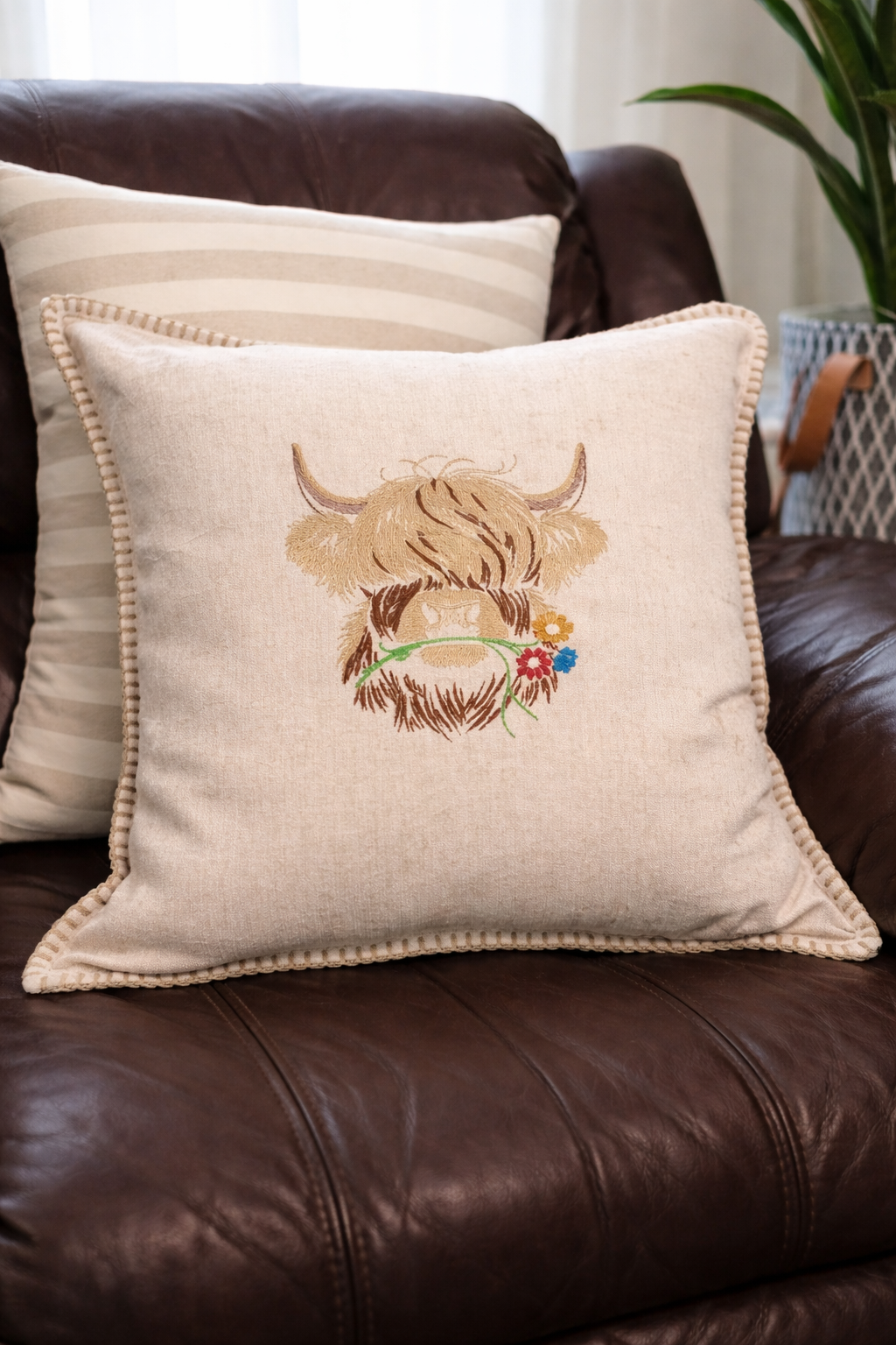 Embroidered Highland Cow Throw Pillow 18x18