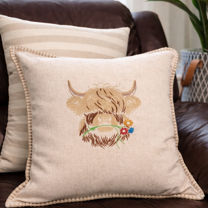 Embroidered Highland Cow Throw Pillow 18x18