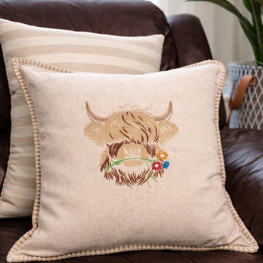 Embroidered Highland Cow Throw Pillow 18x18