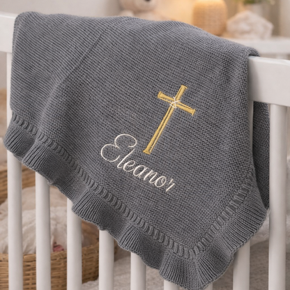 Cross Embroidered Knit Blanket for Baby Boy or Girl