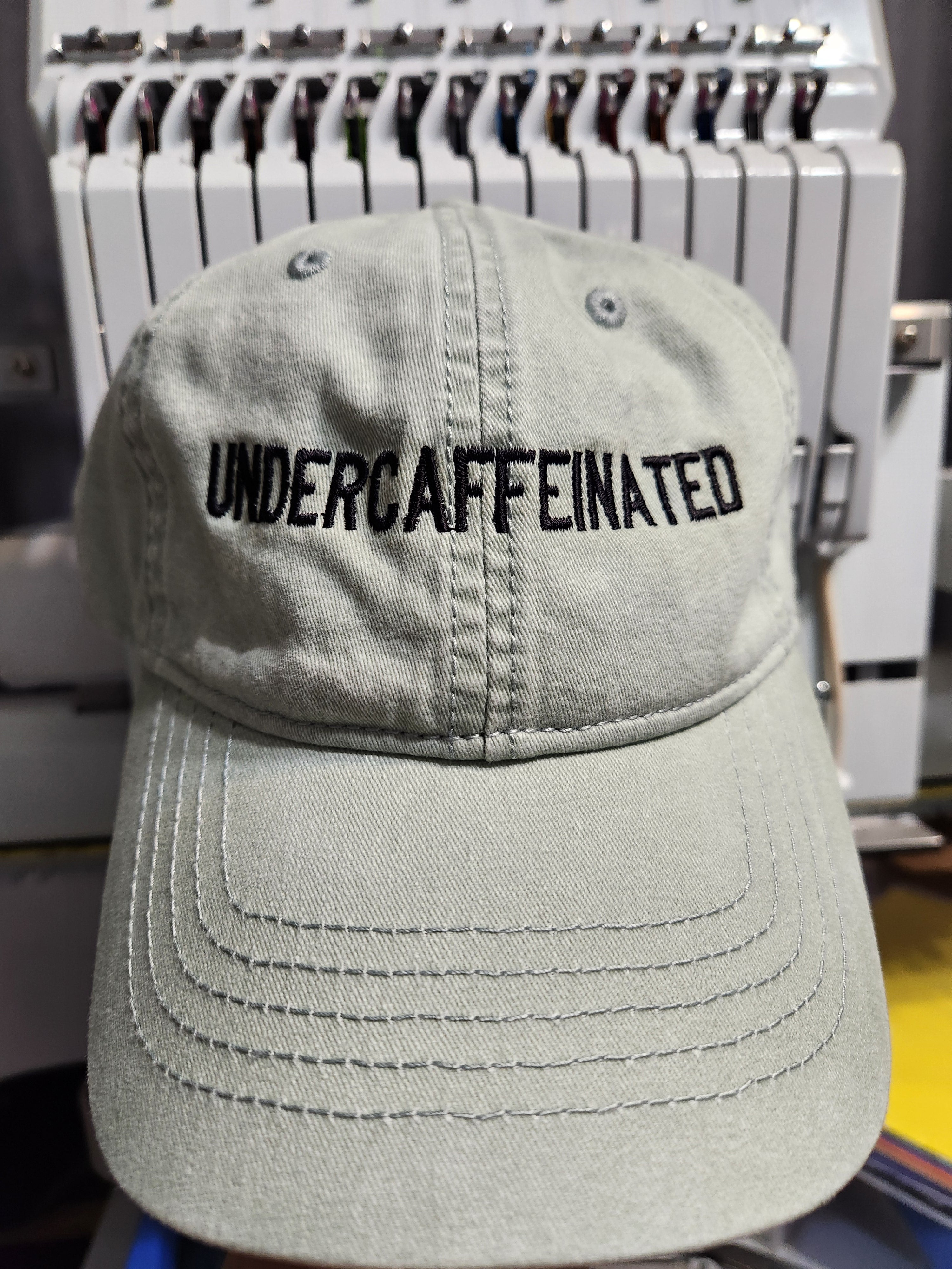 Undercaffienated Embroidered Text Baseball Hat- Concealed Ponytail For Messy Bun- Printed Undervisor