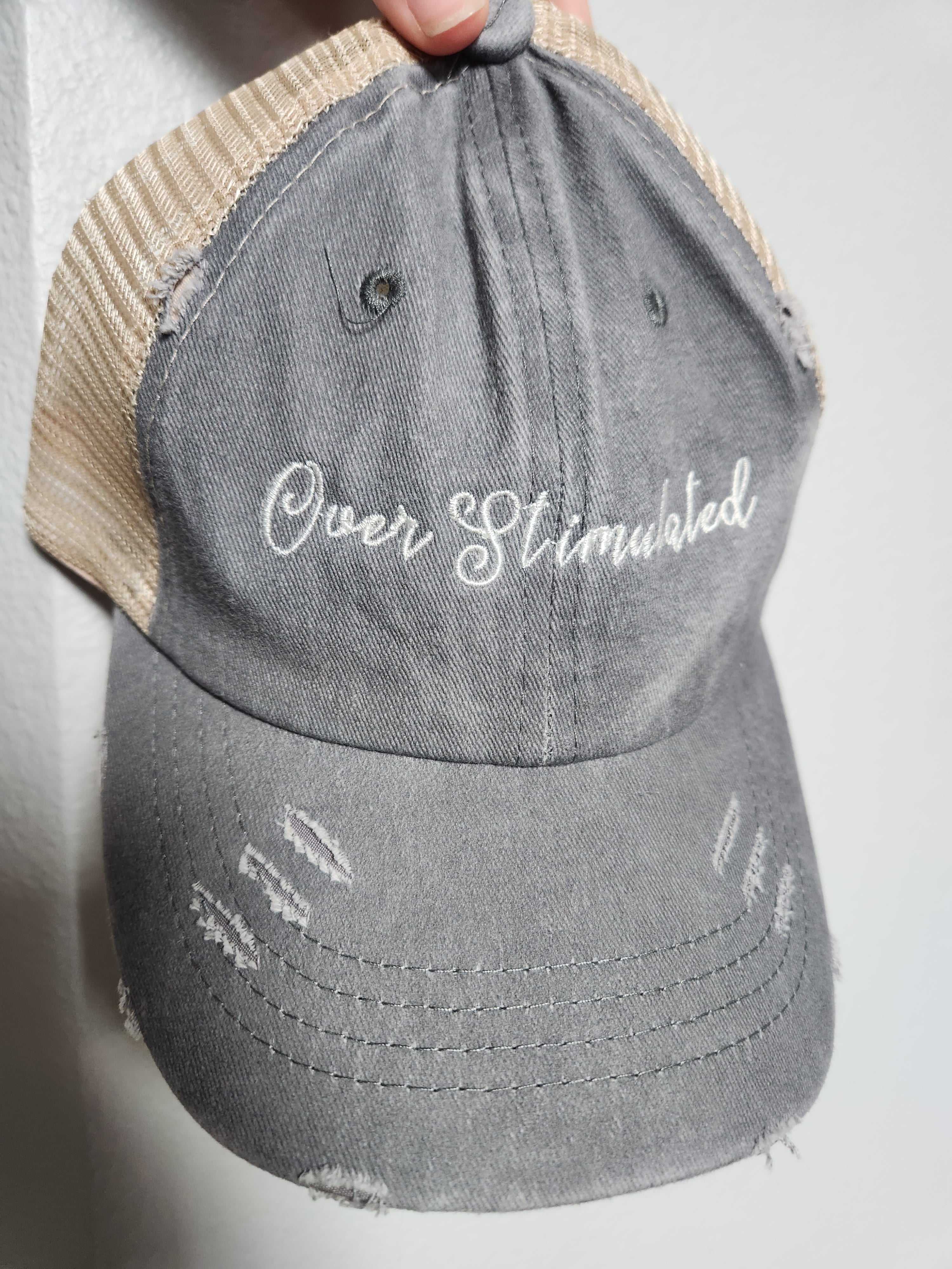 Over Stimulated Distressed Ponytail Hat - Embroidered Mom Hat - Women's Messy Bun Hat - Funny Mom Life Hat - Gift for Her