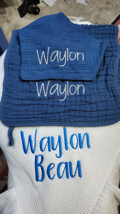Baby Boy Muslin Bandana Bib, & Burp Cloth | Custom Name or Initials Embroidered