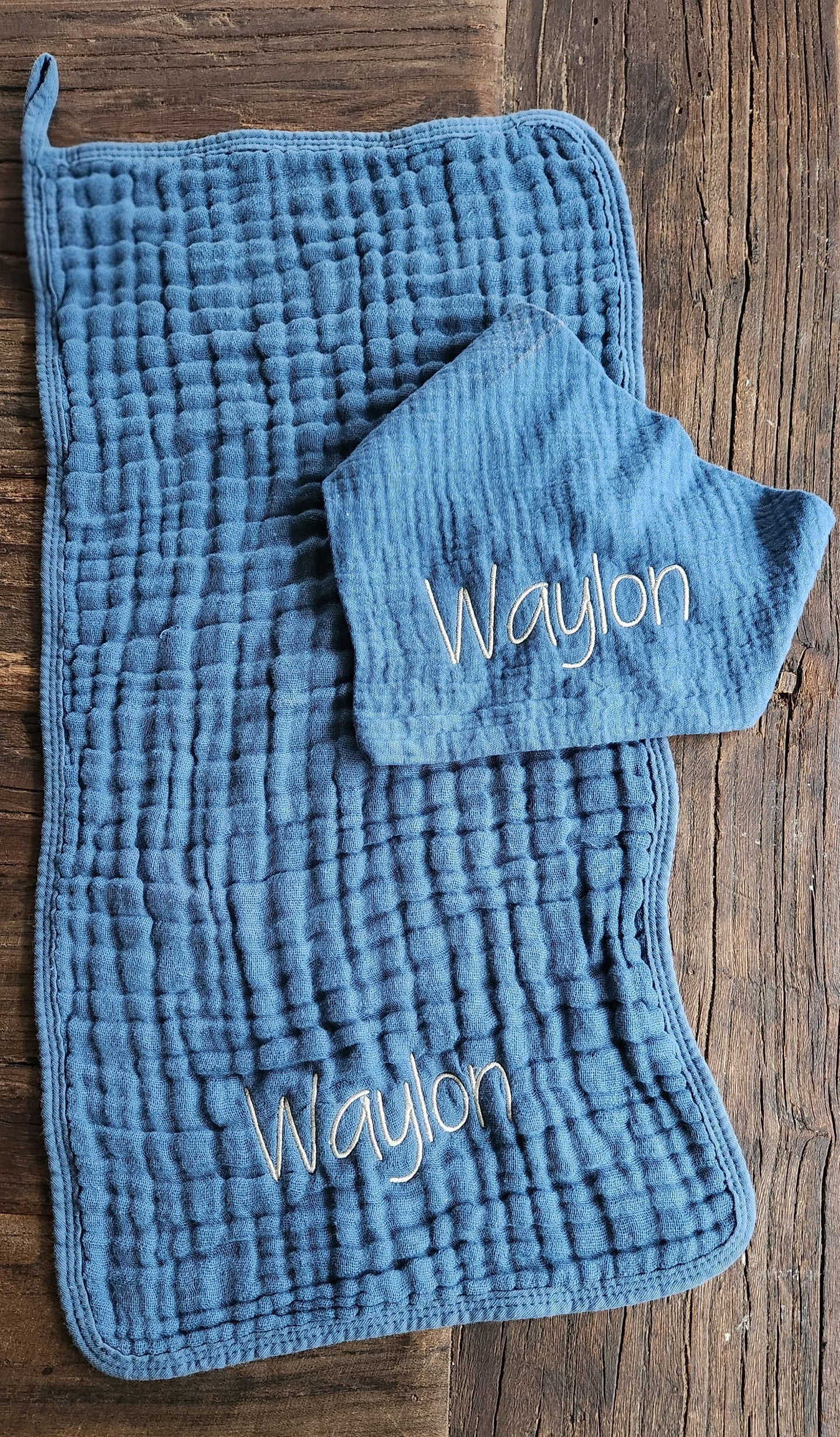 Baby Boy Muslin Bandana Bib, & Burp Cloth | Custom Name or Initials Embroidered