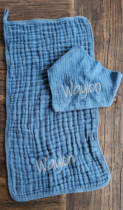 Baby Boy Muslin Bandana Bib, & Burp Cloth | Custom Name or Initials Embroidered