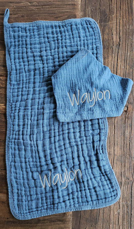 Baby Boy Muslin Bandana Bib, & Burp Cloth | Custom Name or Initials Embroidered