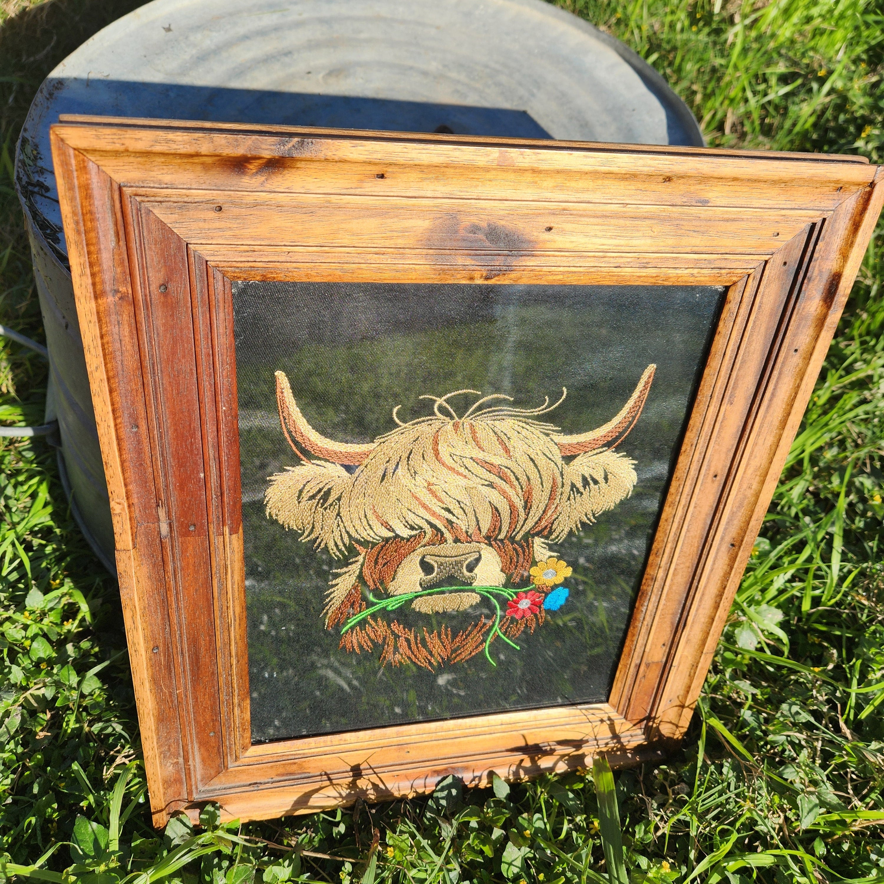 Table or Wall Frame Embroidered Highland Cow Design Art Framed in Rustic Wooden Frame