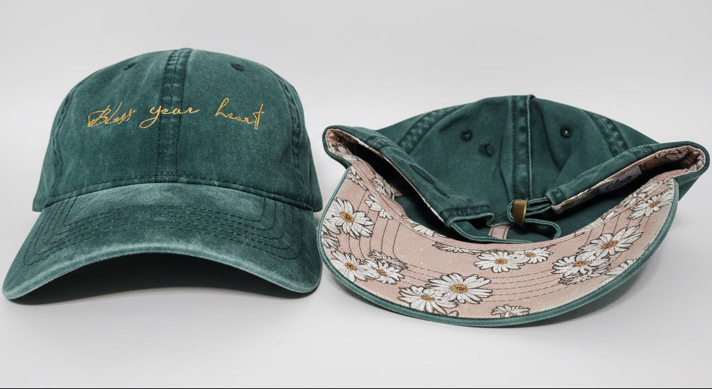 Bless your Heart Embroidered Hat-Concealed Ponytail-Under Visor Print