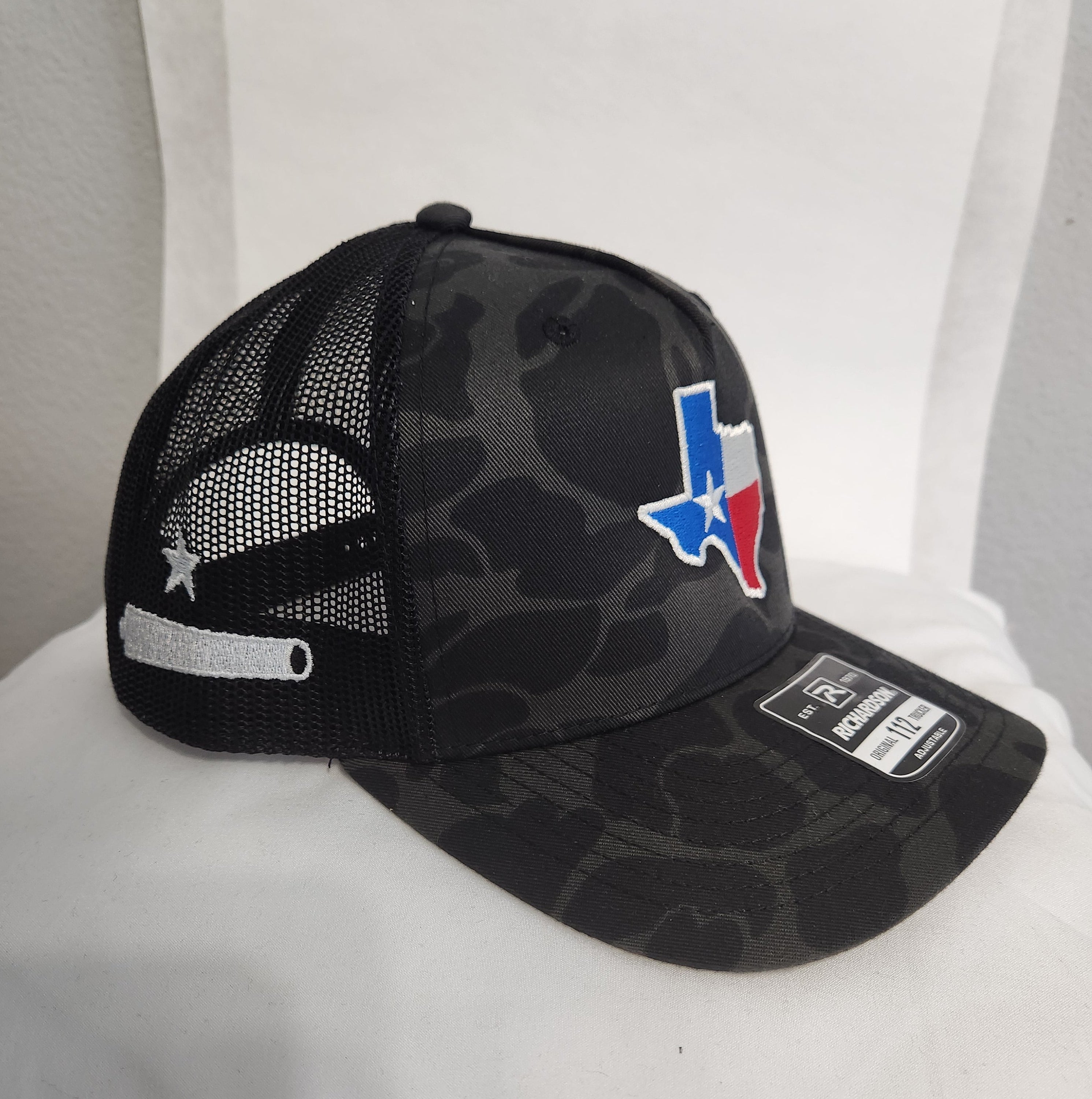 Texas Flag + Come & Take It Canon Richardson 112 Trucker Hat Black Duck Camo Print