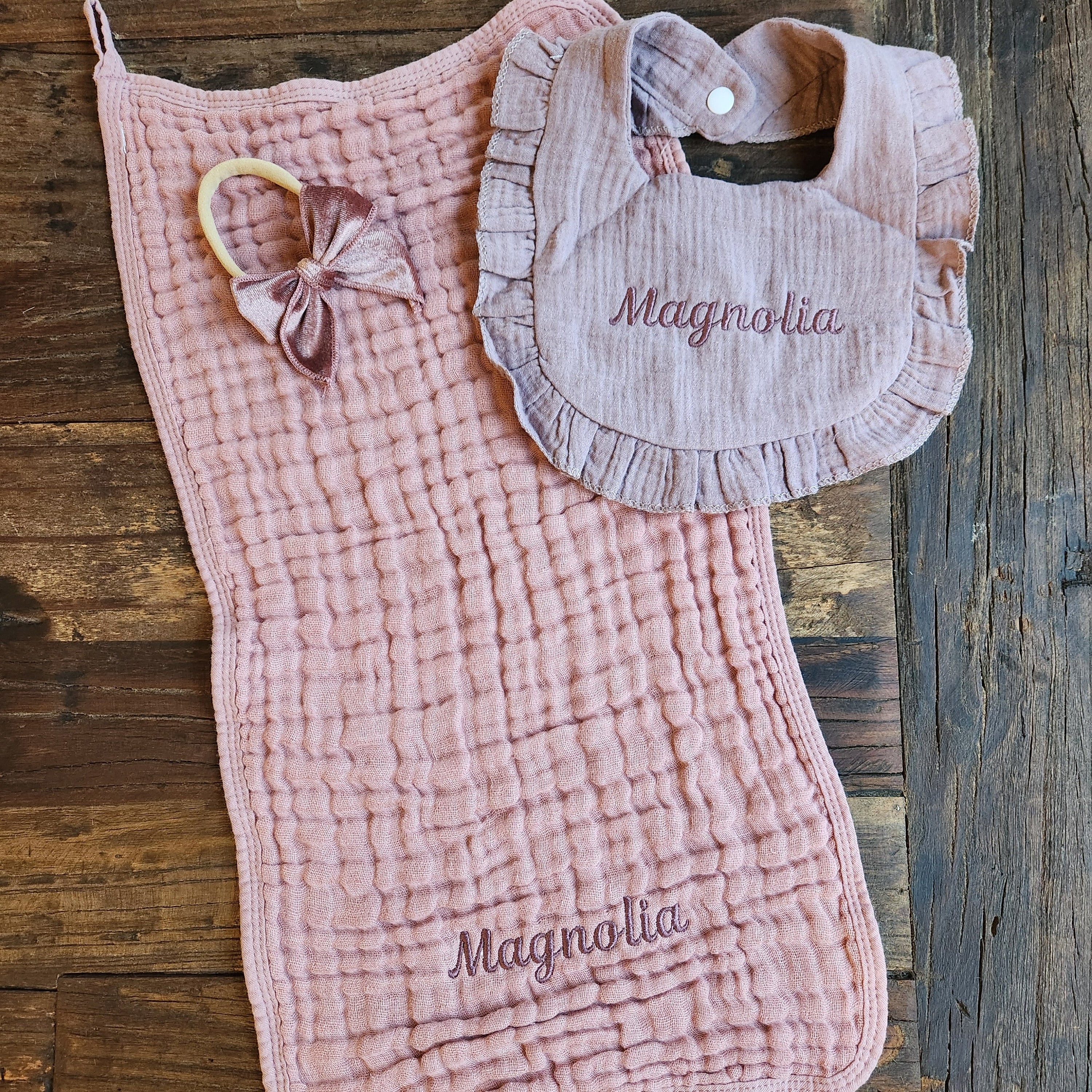 Personalized Muslin Embroidered Bib, & Burp Cloth + Velvet Bow | Custom Name or Initials