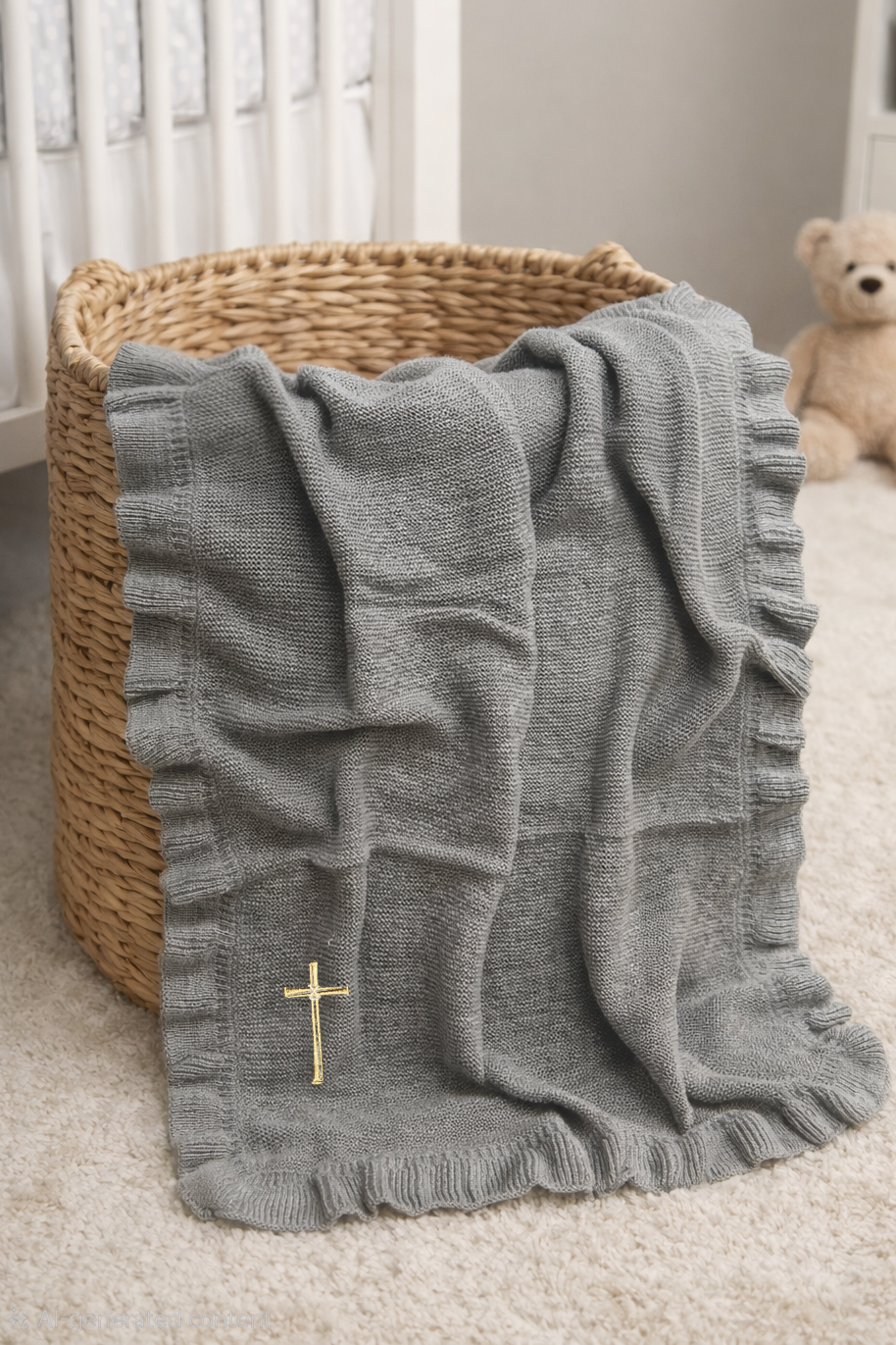 Cross Embroidered Knit Blanket for Baby Boy or Girl