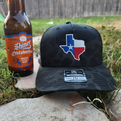 Texas Flag + Come & Take It Canon Richardson 112 Trucker Hat Black Duck Camo Print