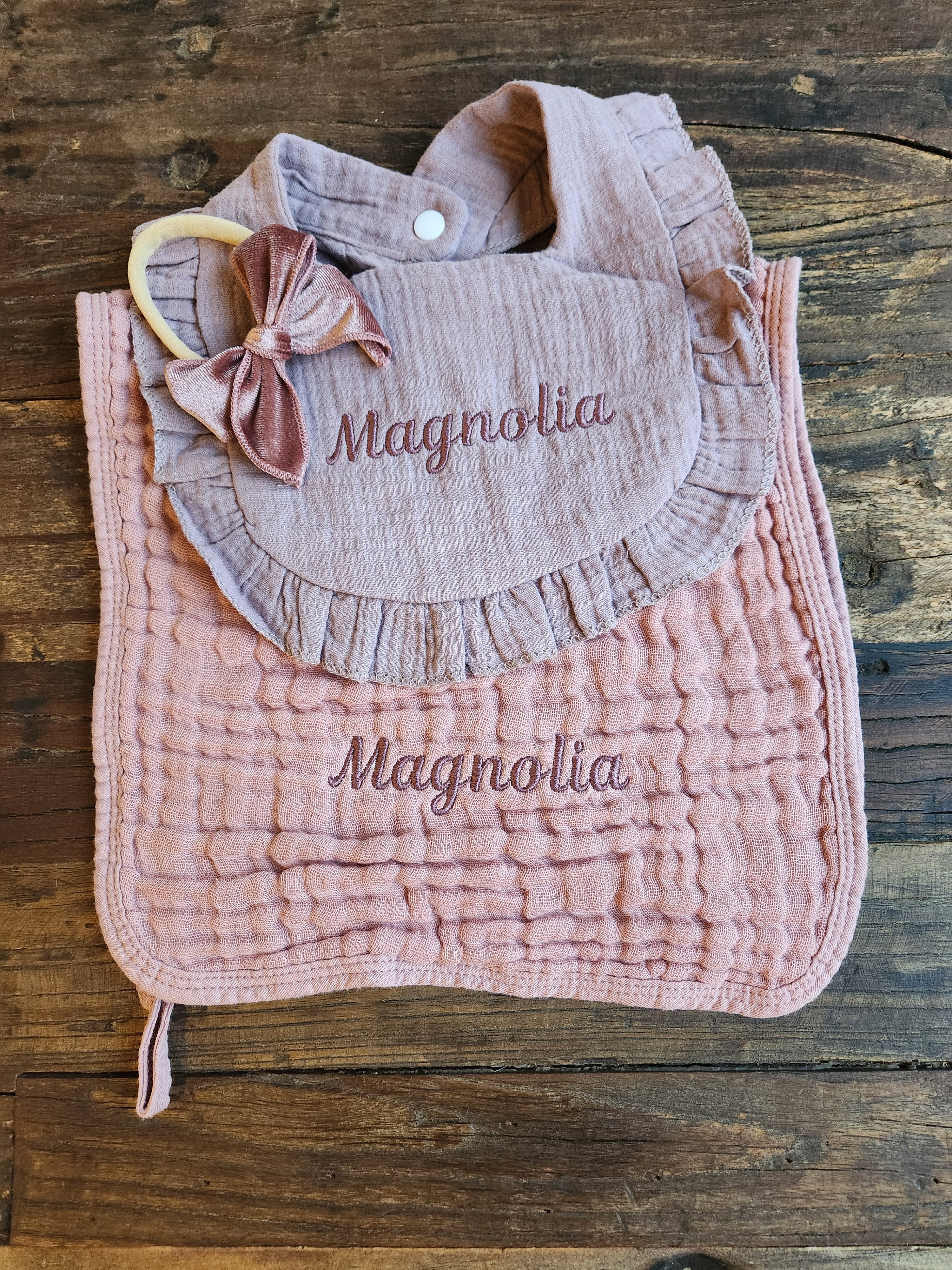 Personalized Muslin Embroidered Bib, & Burp Cloth + Velvet Bow | Custom Name or Initials