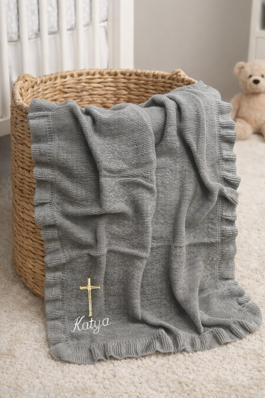 Cross Embroidered Knit Blanket for Baby Boy or Girl