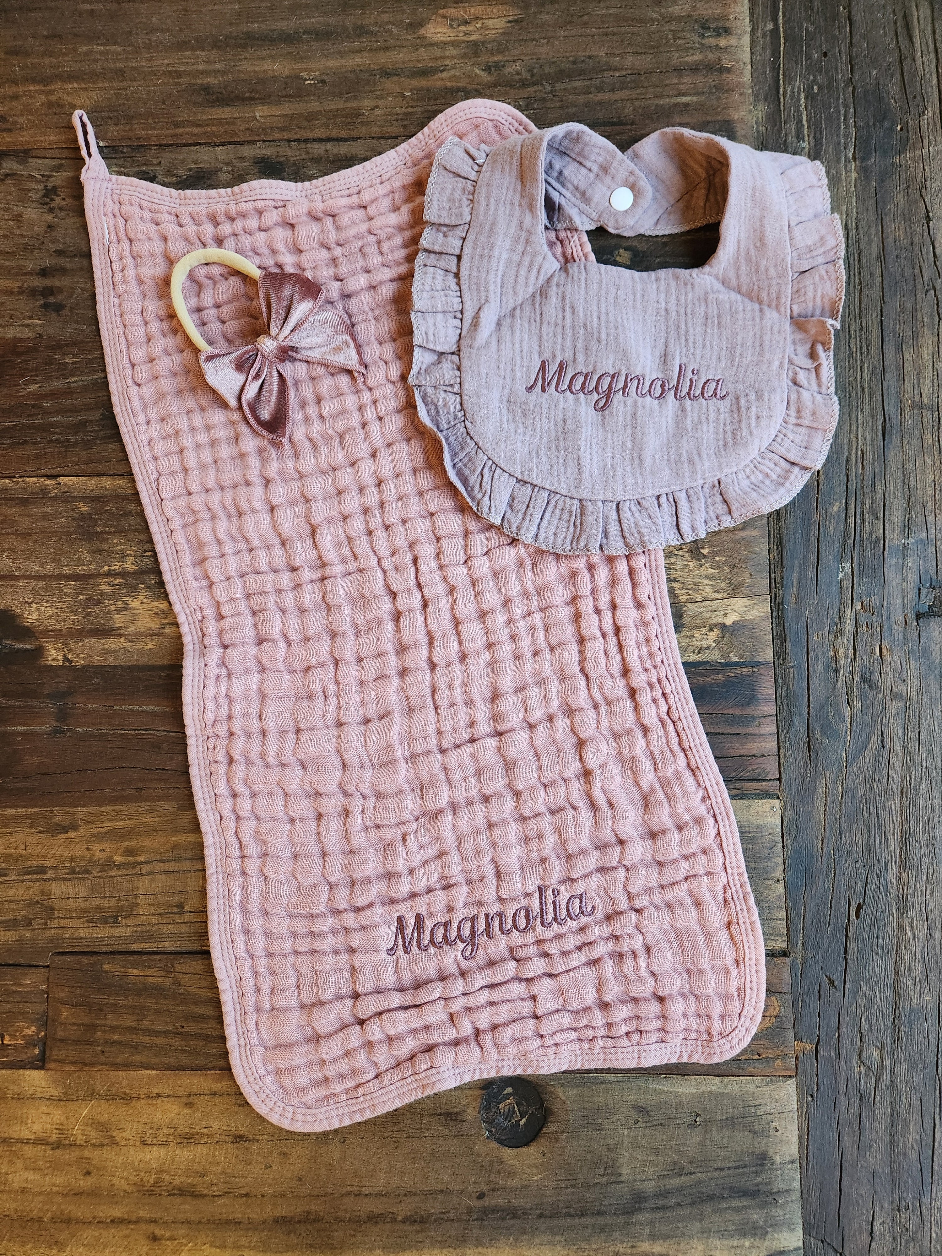 Personalized Muslin Embroidered Bib, & Burp Cloth + Velvet Bow | Custom Name or Initials