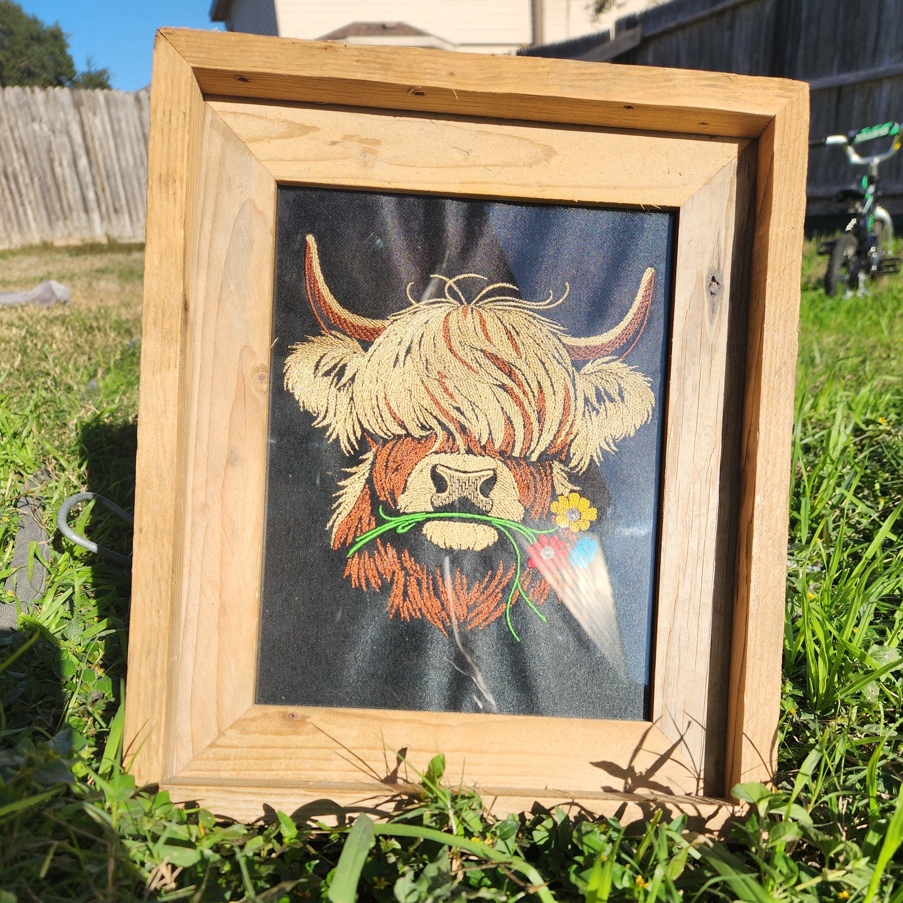 Wall Art Embroidered Highland Cow Design Framed in Rustic Wooden Frame 8"x10"