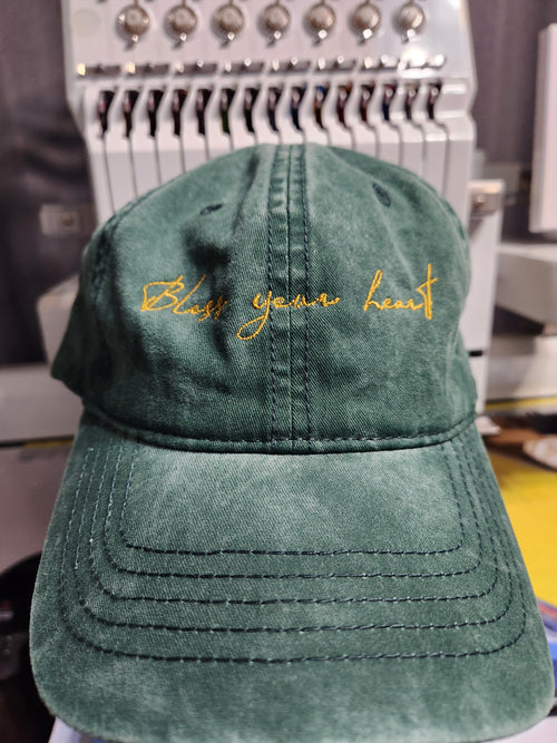 Bless your Heart Embroidered Hat-Concealed Ponytail-Under Visor Print